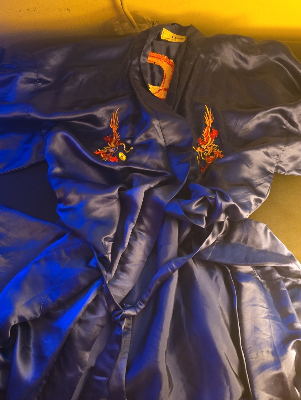 Satin Navy Women's Kimono Robe with Embroidered Red Dragon